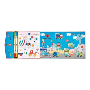 2. Opened Floss & Rock Magnetic Multiplay Scene showing construction site puzzle, coloring section, and dry wipe pens