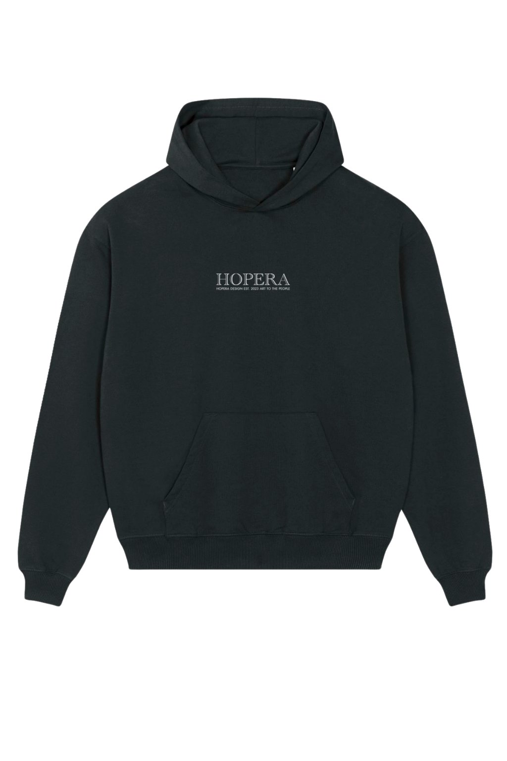 3. Front view of Hopera heavy-weight premium hoodie in black, showcasing brand logo and kangaroo pocket