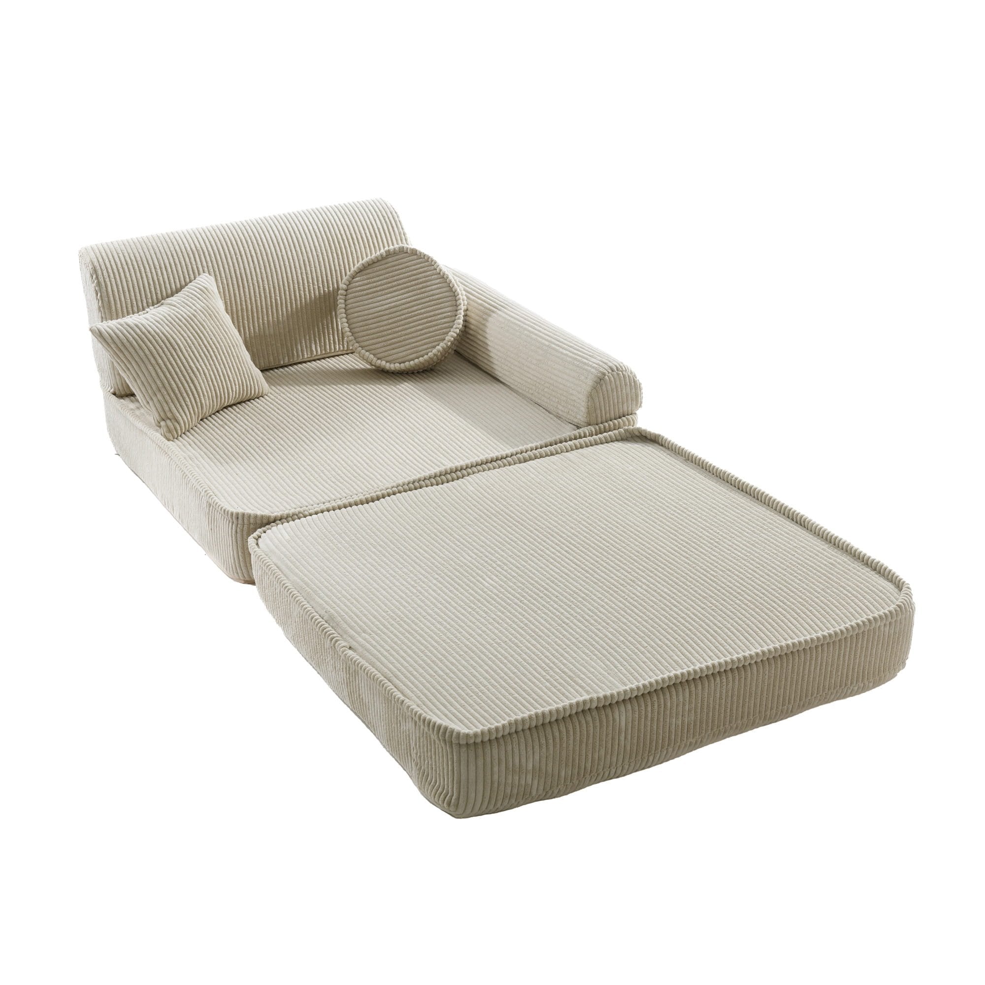 4. Ecru corduroy modular sofa for kids arranged as a chaise lounge with cushions, showcasing flexibility