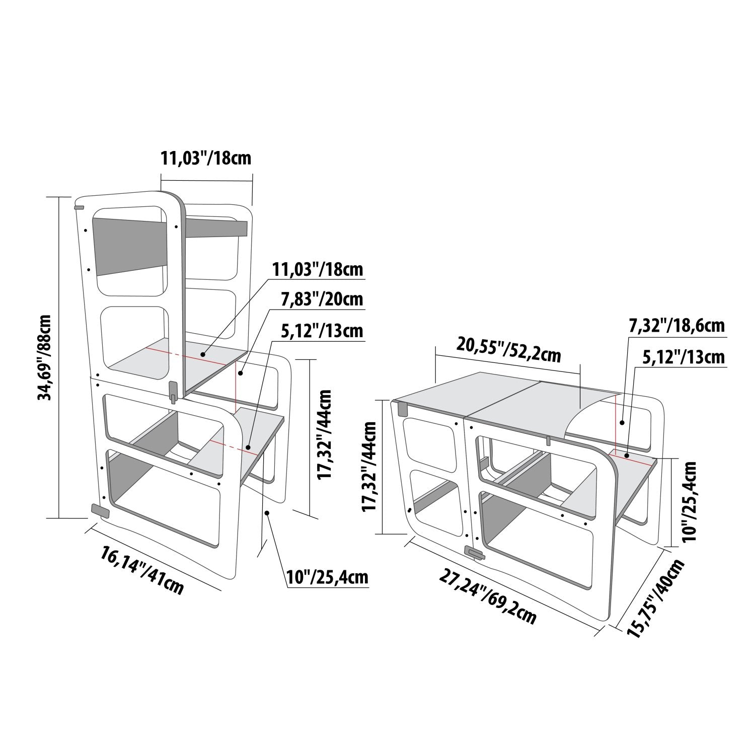 9. Size chart for 2-in-1 kitchen tower showing dimensions in centimeters