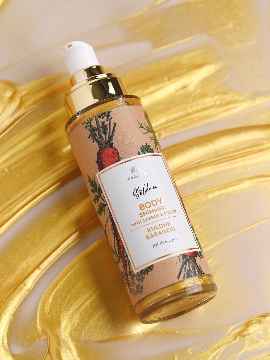 2. Woman embracing Magrada Golden Shimmer Gel with Carrot Extract, highlighting glowing skin in lifestyle setting