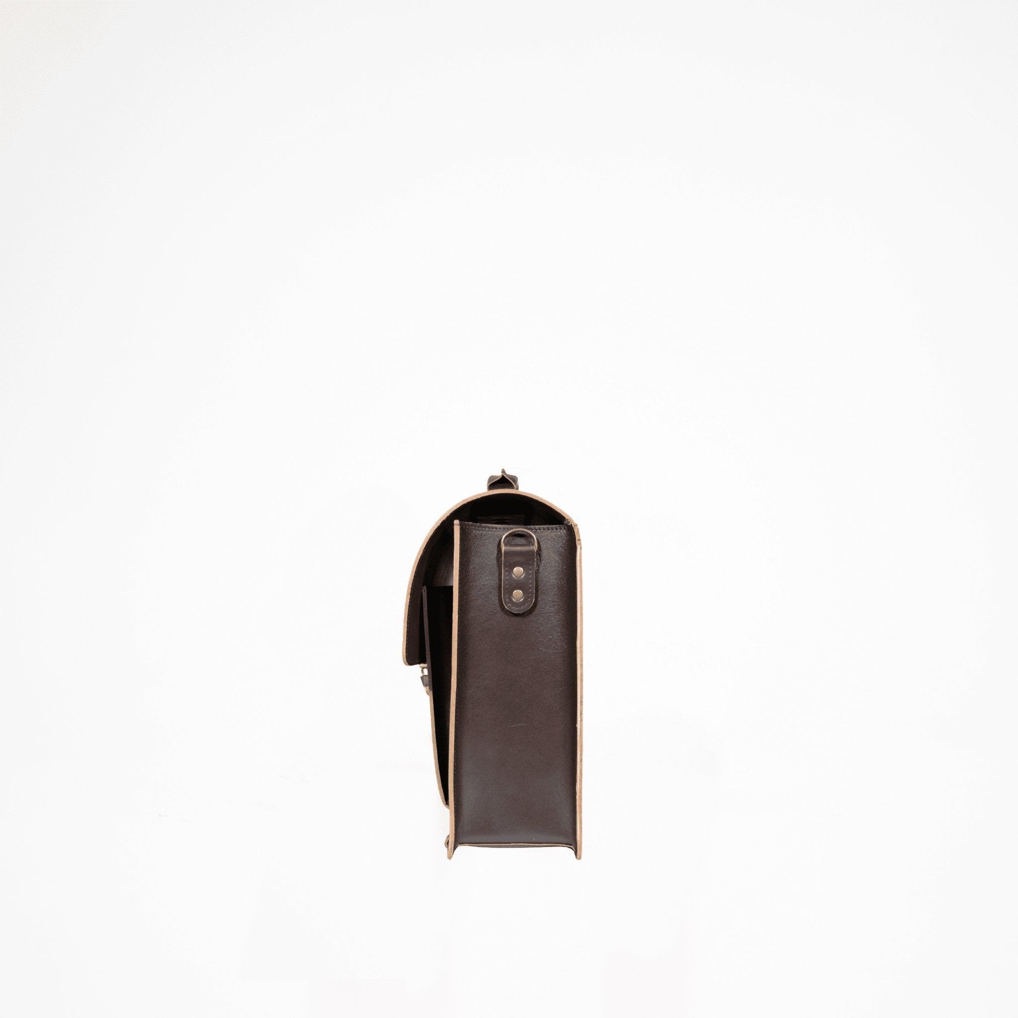 5. Side view of Papillon Briefcase No. 35 in dark brown leather, showing thickness and structure