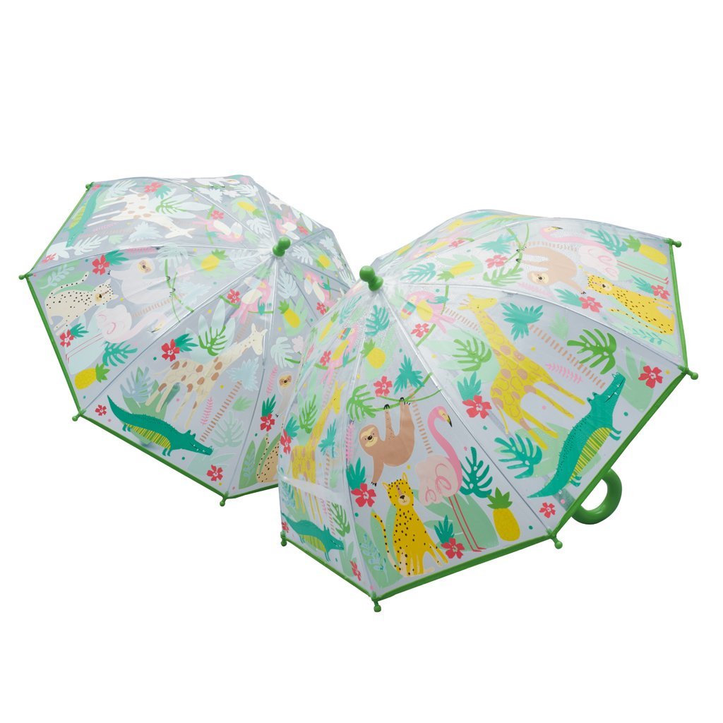 1. Color changing children's umbrella with jungle animal motifs, featuring green handle and trim, shown in both dry and wet states with vibrant colors and white shapes, suitable for ages 3 and up.