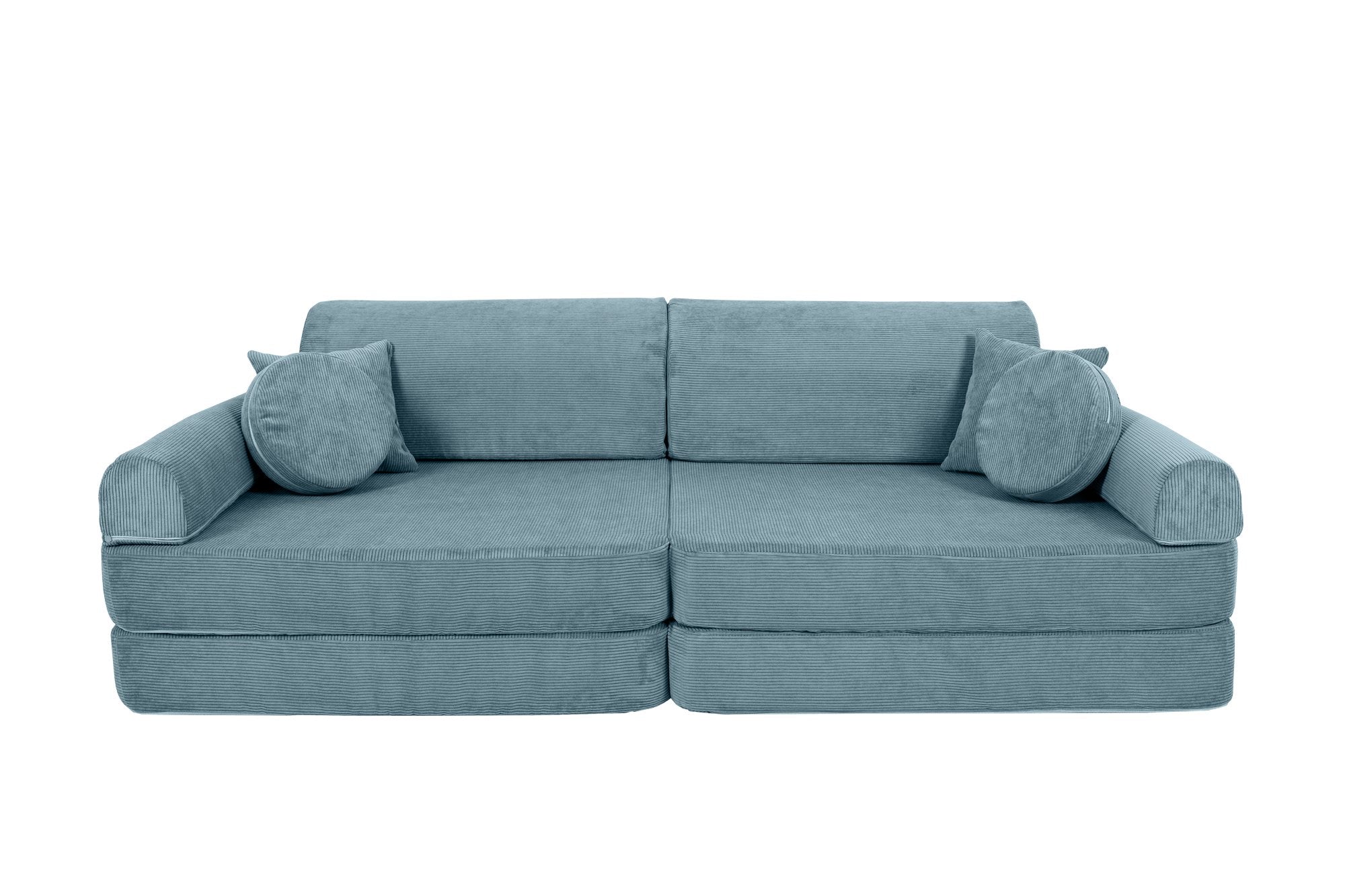 3. Turquoise corduroy children's sofa with cylindrical and square cushions, arranged as a traditional sofa on a black background