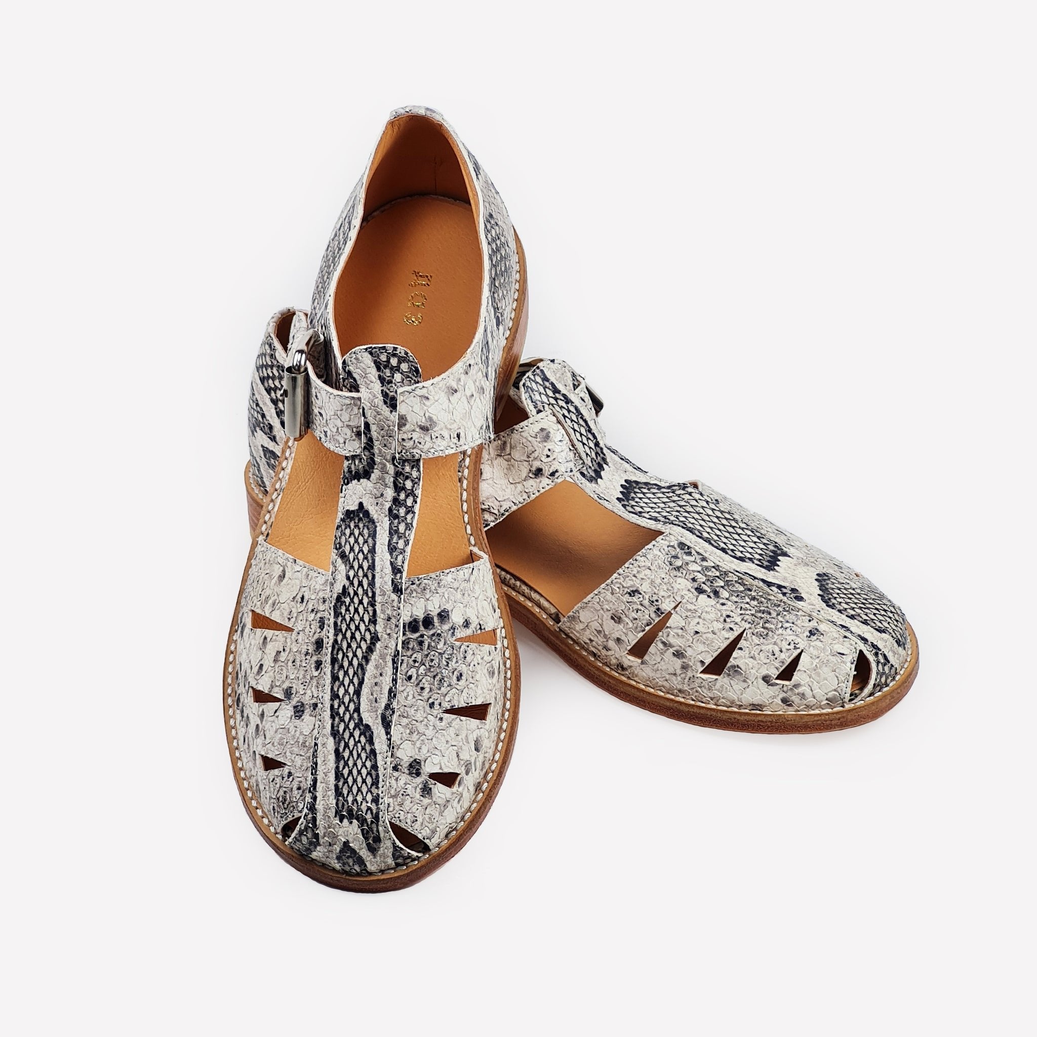 3. Handmade snake print sandals by Daz Studio, featuring round toe and leather heel, shown in angled view