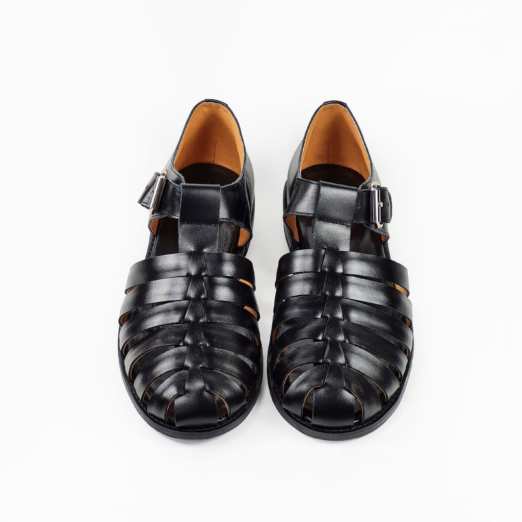 3. Top view of men's black leather fisherman sandals with round toe and buckle