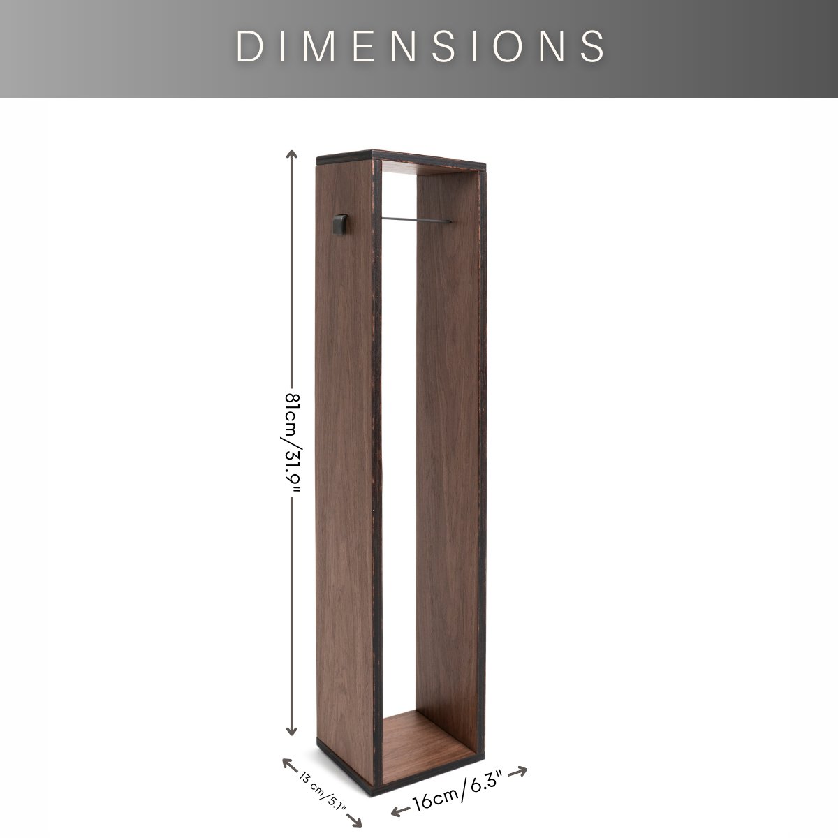 6. Dimensions of wooden toilet paper holder, showing height, width, and depth in centimeters