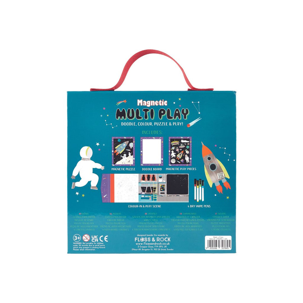 2. Back view of Floss & Rock Magnetic Multi Play Scene showing included items like magnetic puzzle, doodle board, and dry wipe pens