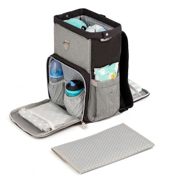 3. Side view of open Kinderkraft Molly diaper backpack showing bottle pockets and changing mat