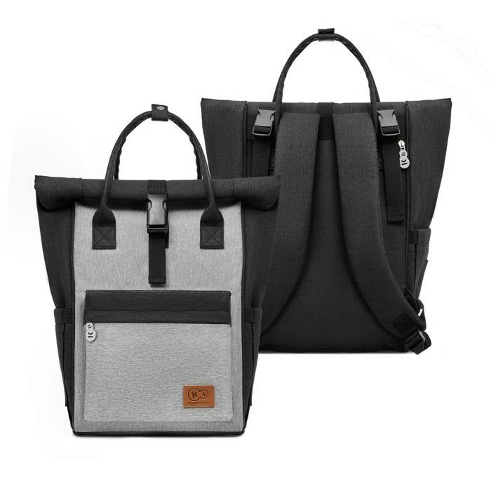 5. Front and back view of Kinderkraft Moonpack diaper backpack in grey and black with logo