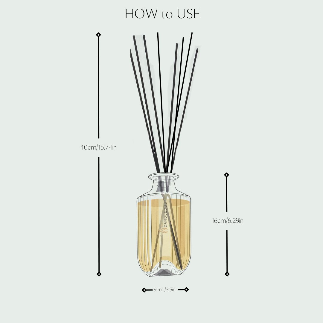 5. Size guide for Candledust diffuser showing dimensions of bottle and reeds