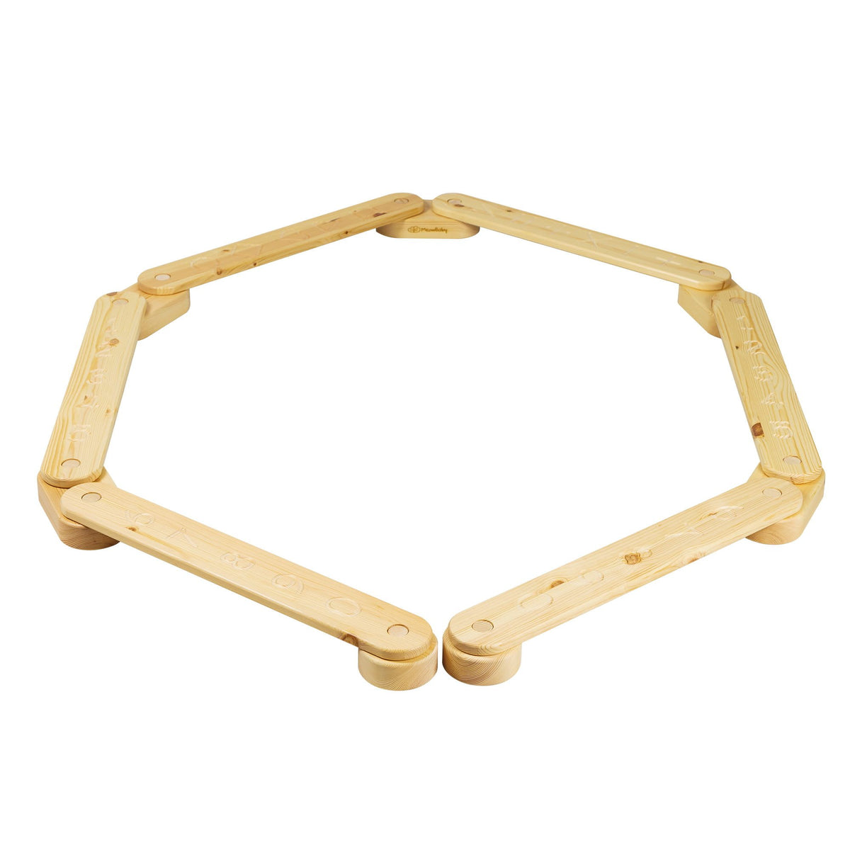 2. Wooden balance beam with natural pine finish arranged in a hexagon