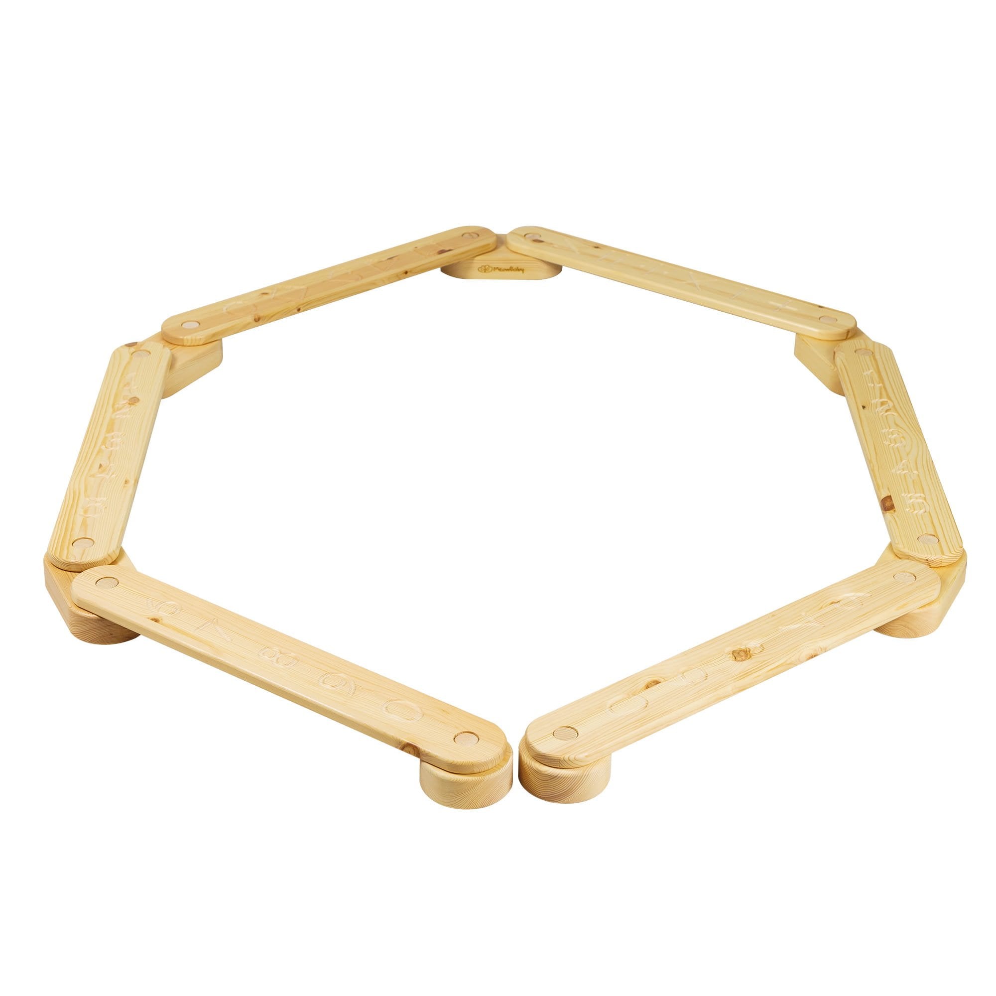 2. Wooden balance beam with natural pine finish arranged in a hexagon