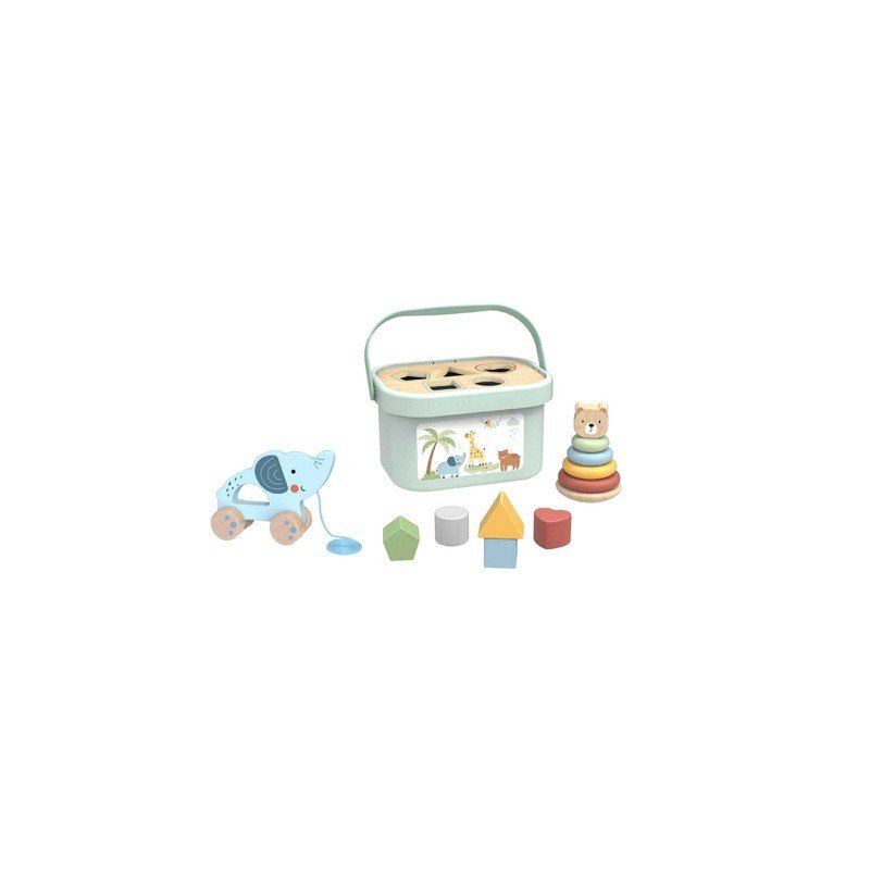 6. Flat lay of Woopie Let's Go Green 3in1 toy set including elephant, pyramid, and blocks