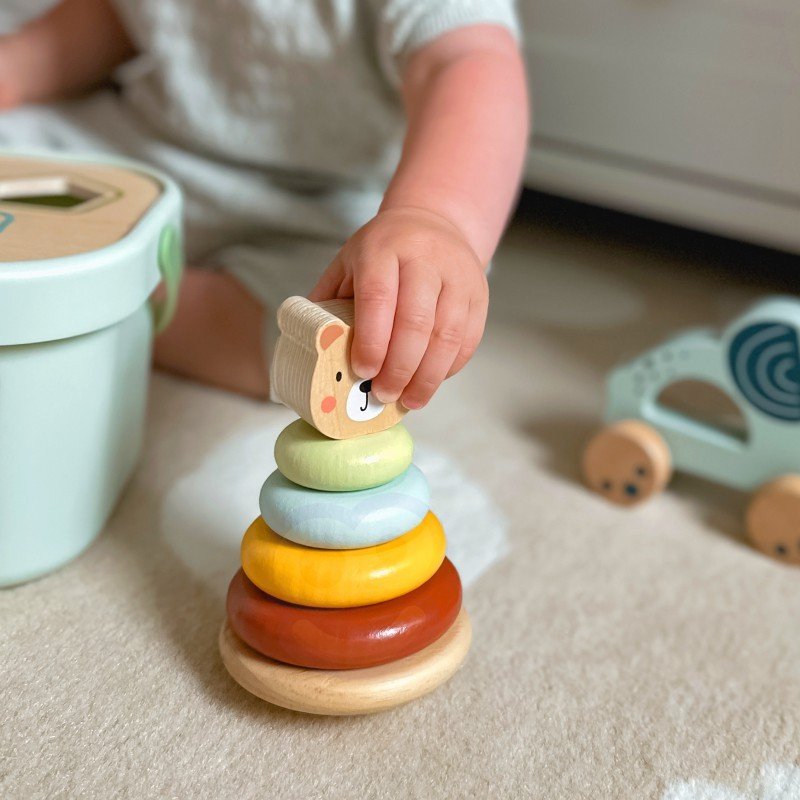 8. Baby stacking pyramid bear from Woopie Let's Go Green 3in1 toy set with elephant in background