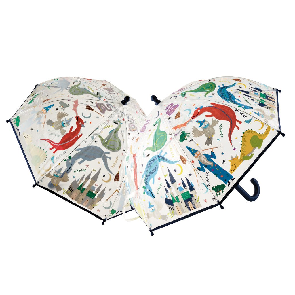 1. Children's color-changing umbrella with colorful underwater motifs and Velcro fastener, featuring dragons and castles, suitable for ages 3+, shown open with vibrant designs on a white background.