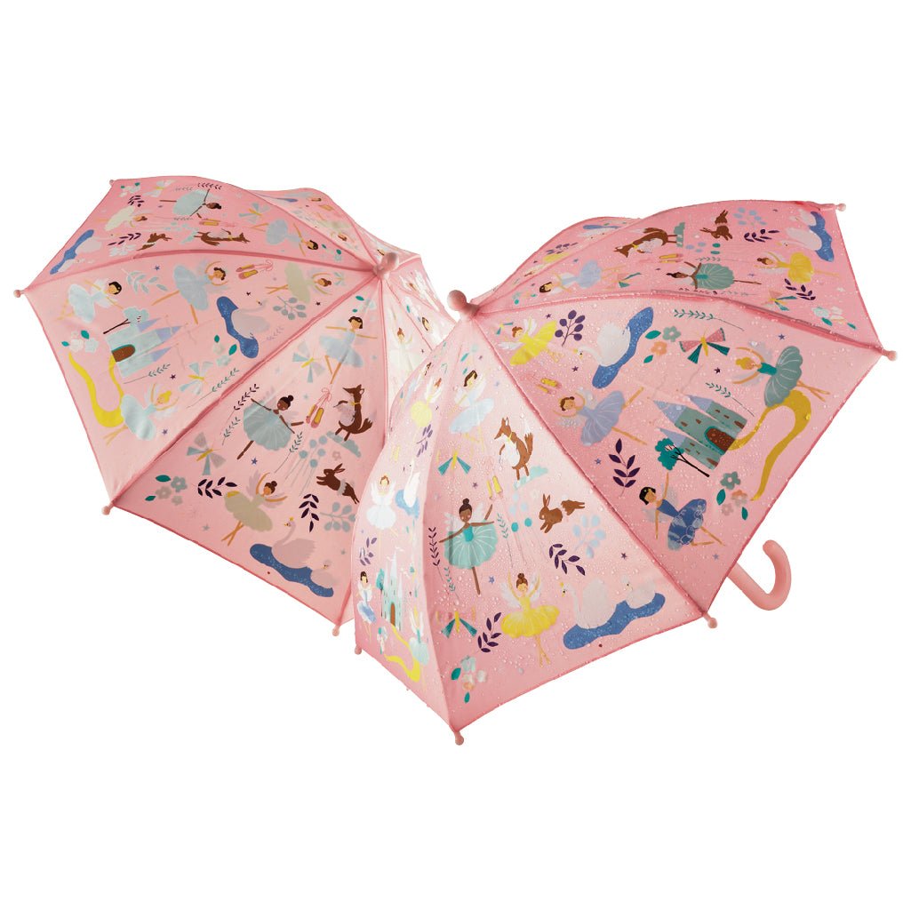 1. Children's pink color-changing umbrella with colorful underwater motifs and Velcro fastener, suitable for ages 3+, shown open with vibrant designs on a white background