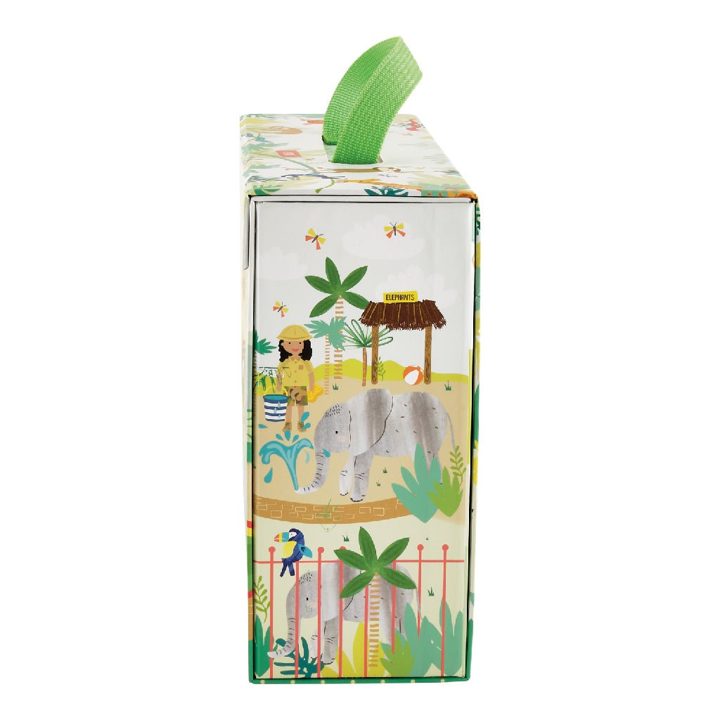 5. Side view of My Zoo playbox featuring an elephant and a zookeeper in a vibrant zoo scene