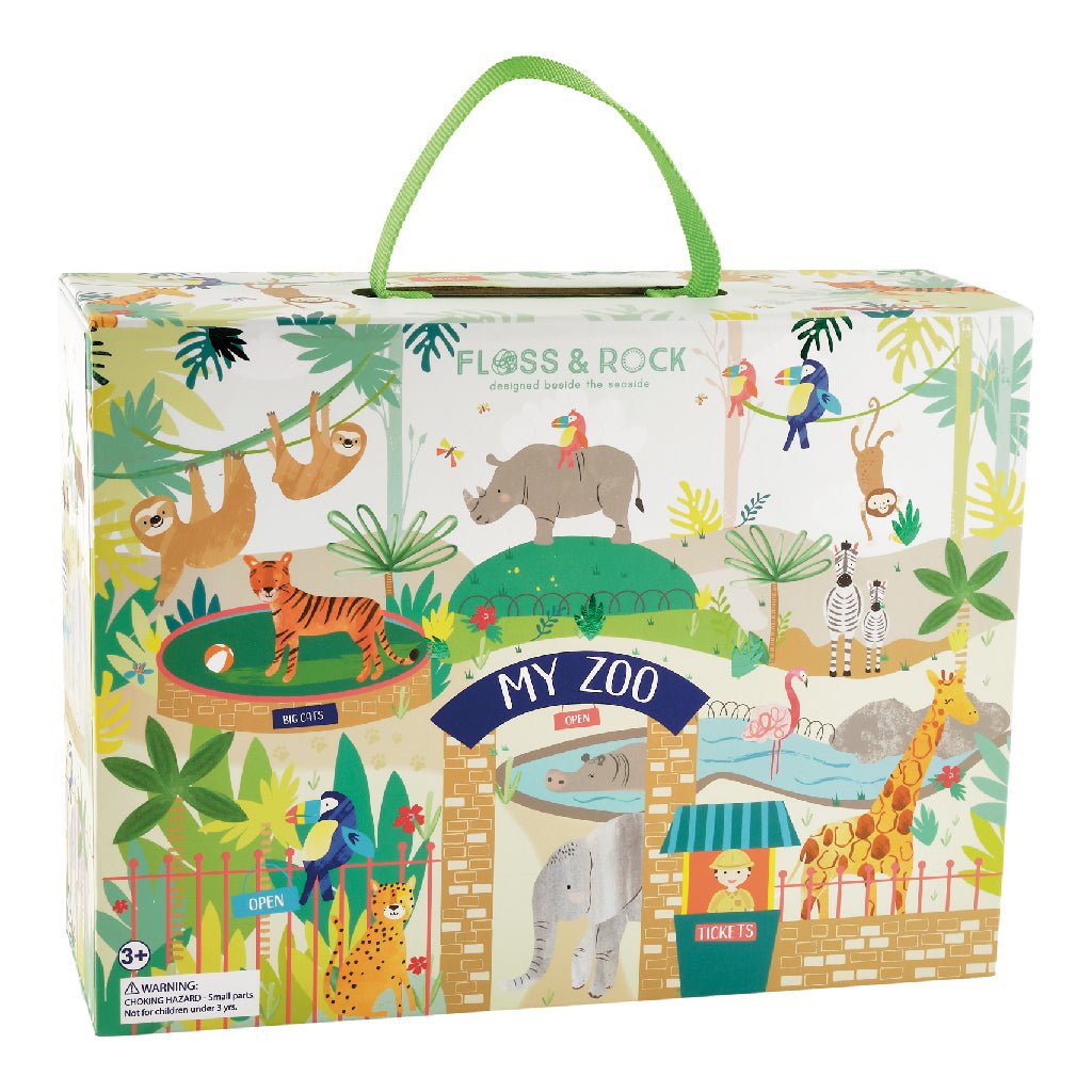 2. Floss & Rock My Zoo playbox with vibrant illustrations of animals and zoo scenes, featuring a green carry handle