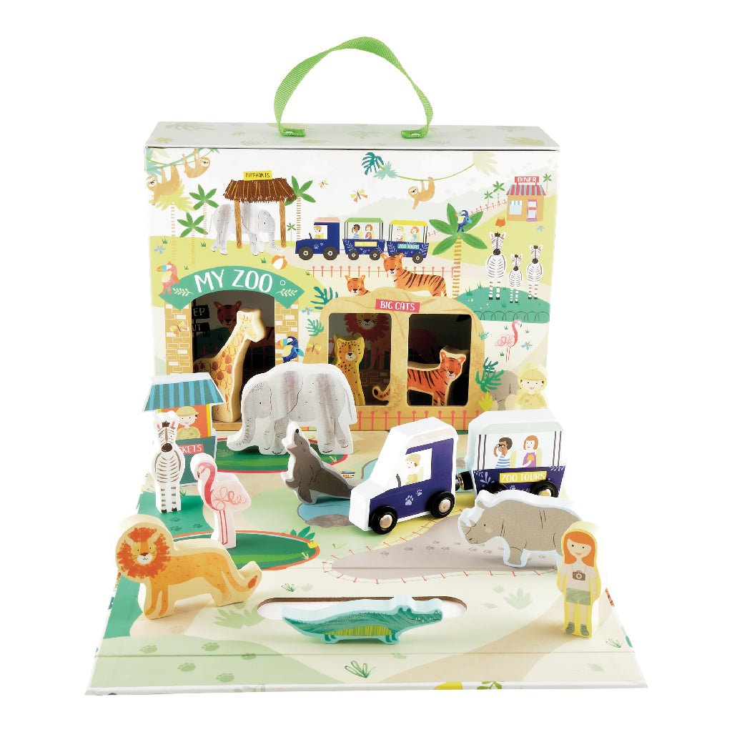1. Zoo-themed playbox with wooden animal pieces including lion, elephant, and giraffe, displayed on a colorful play mat with a train and ticket booth
