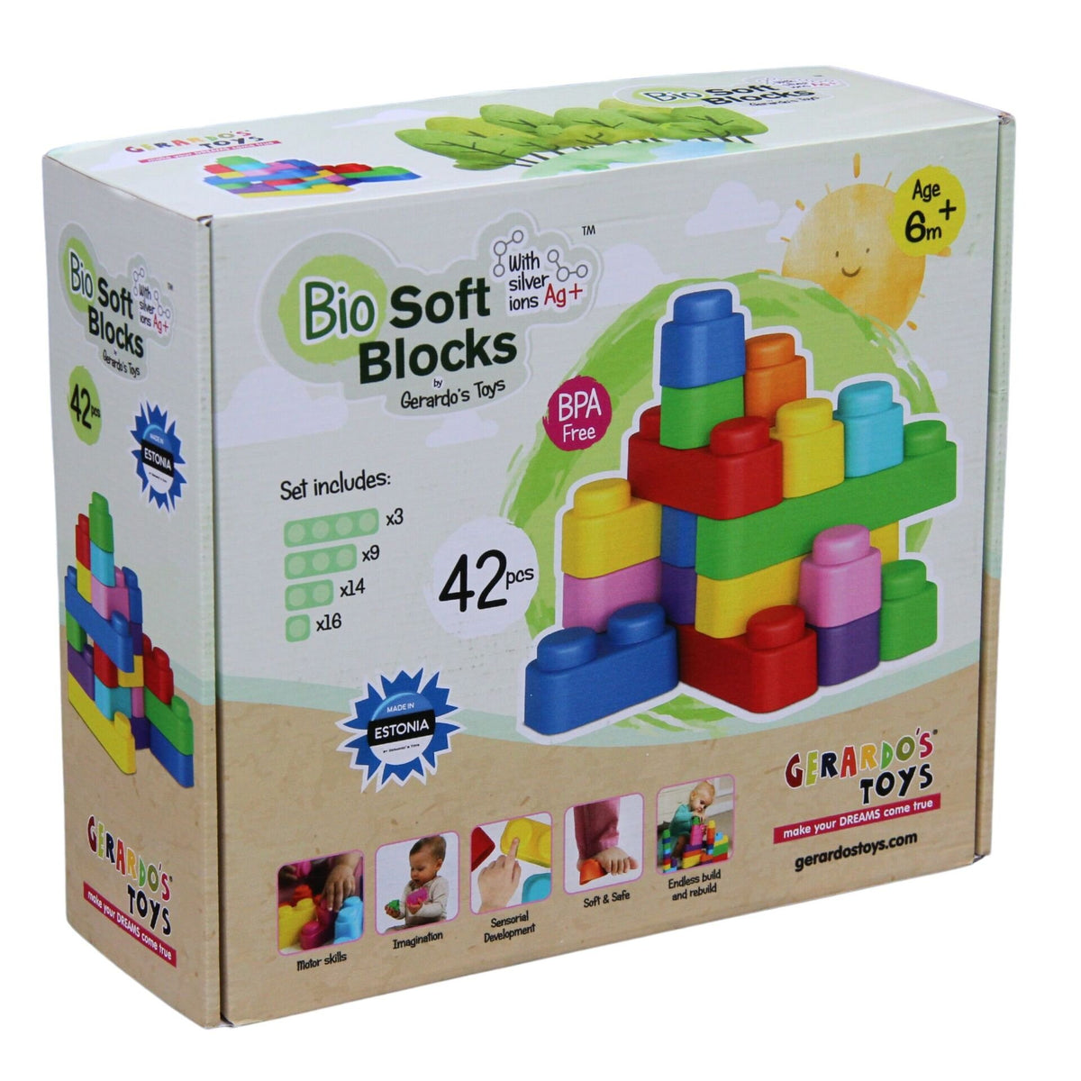 2. Box of Gerardo's Toys Bio Soft Blocks set with 42 colorful pieces, antibacterial and BPA free, suitable for ages 6 months and up, featuring product details and brand logo