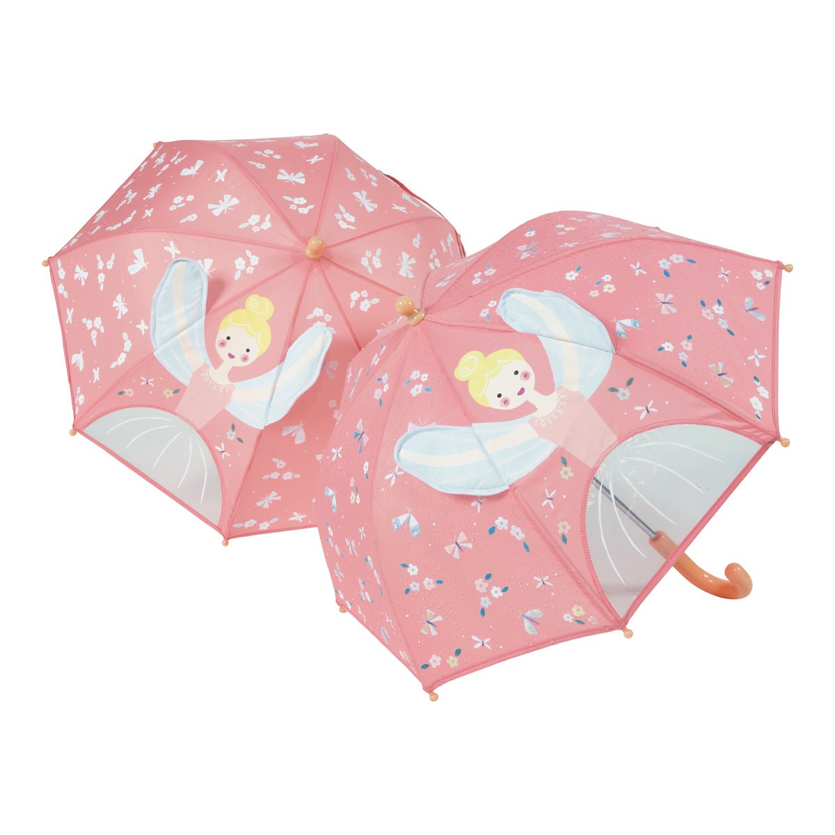 2. Pink children's umbrella with fairy design and clear viewing panel, featuring color-changing elements and 3D details, shown in studio setting