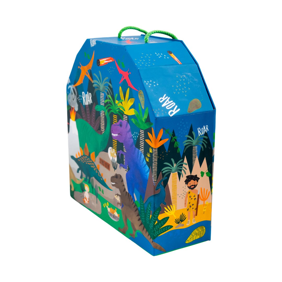 2. Side view of blue dinosaur play box with vibrant prehistoric illustrations and green carry handle