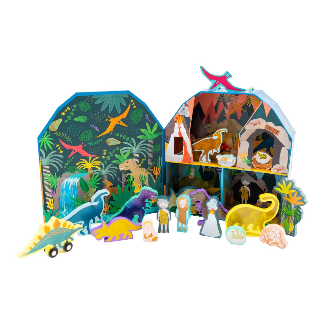 1. Dinosaur play box with colorful prehistoric jungle scene and 18 wooden pieces including dinosaurs and cave people