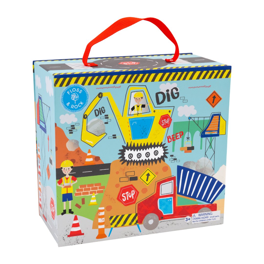 6. Back view of Playbox with construction theme featuring diggers, stop signs, and a red carry handle