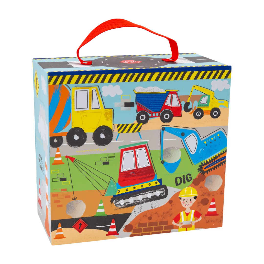 3. Colorful Playbox with construction theme featuring trucks, diggers, and a builder on the front with a red carry handle