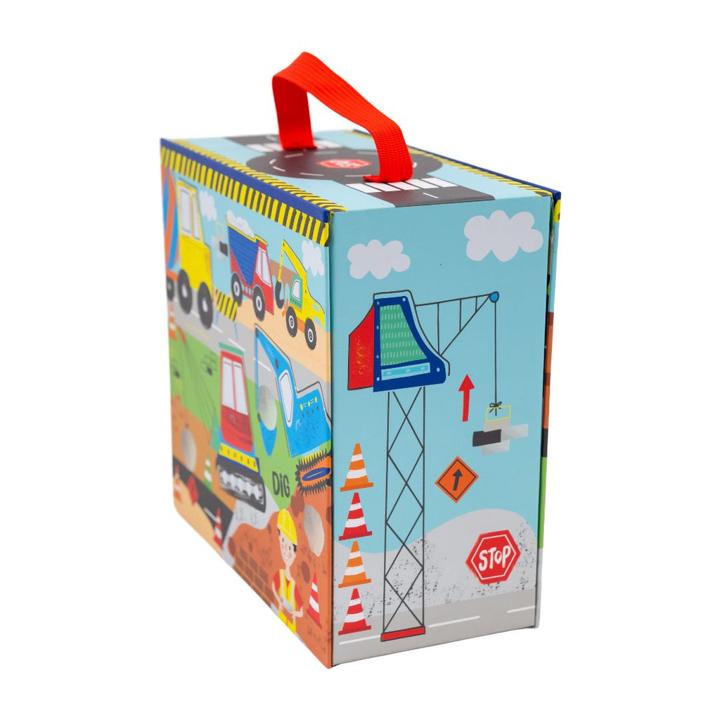 4. Side view of Playbox showing construction site graphics with crane, stop sign, and red carry handle