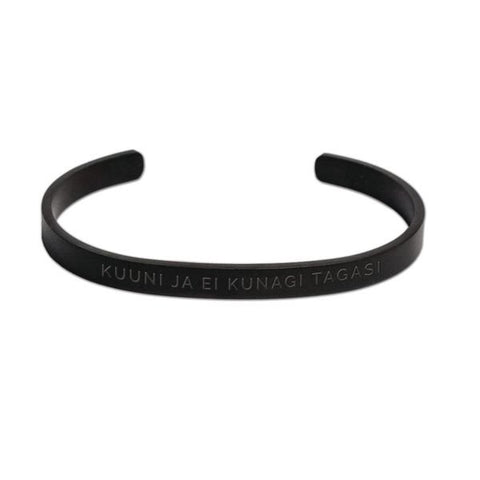 2. Black matte men's bracelet with engraved text 'KUUNI JA EI KUNAGI TAGASI' on a white background