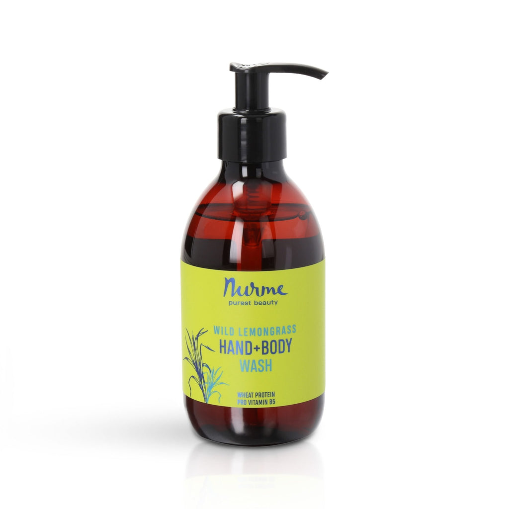5. Studio image of Nurme Wild Lemongrass Hand and Body Wash bottle with green label