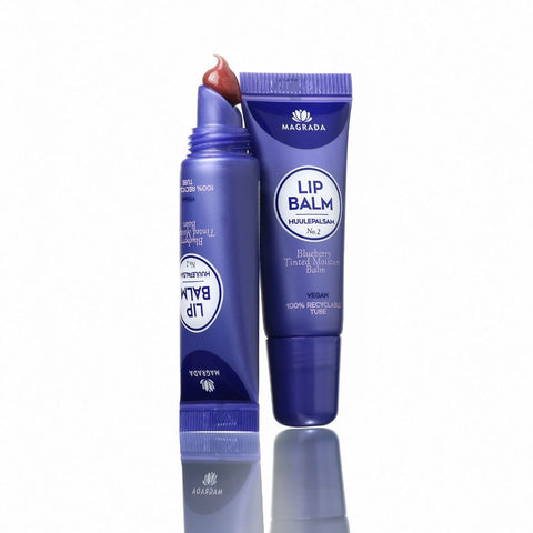 2. Magrada Organic Cosmetics Blueberry Tinted Lip Balm in purple tube, showing product texture and vegan label