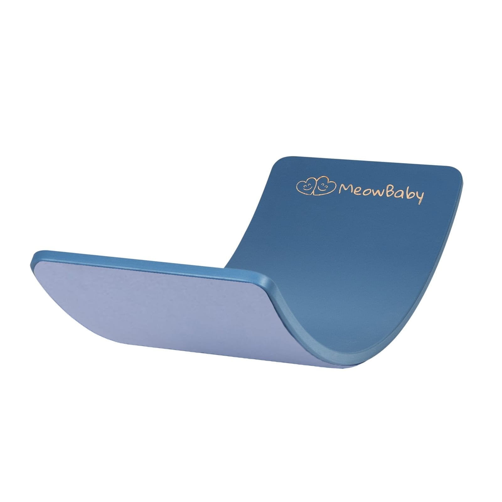 2. Blue balance board with matching felt underside, featuring MeowBaby logo, shown in studio setting
