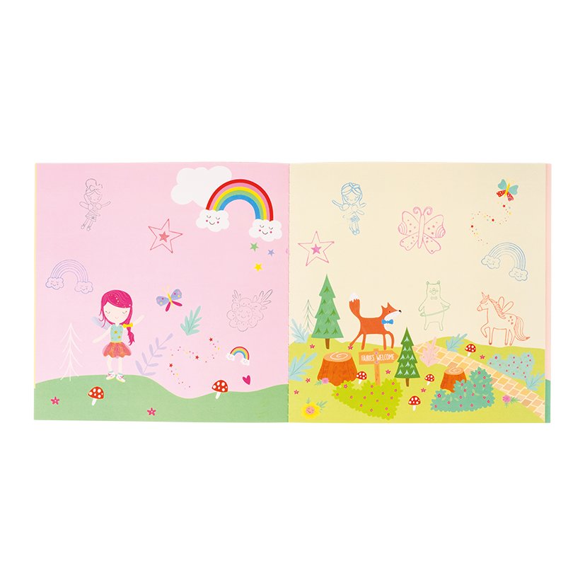 4. Open booklet from Floss & Rock My Stamper Set showing colorful fairy and rainbow scenes for stamping