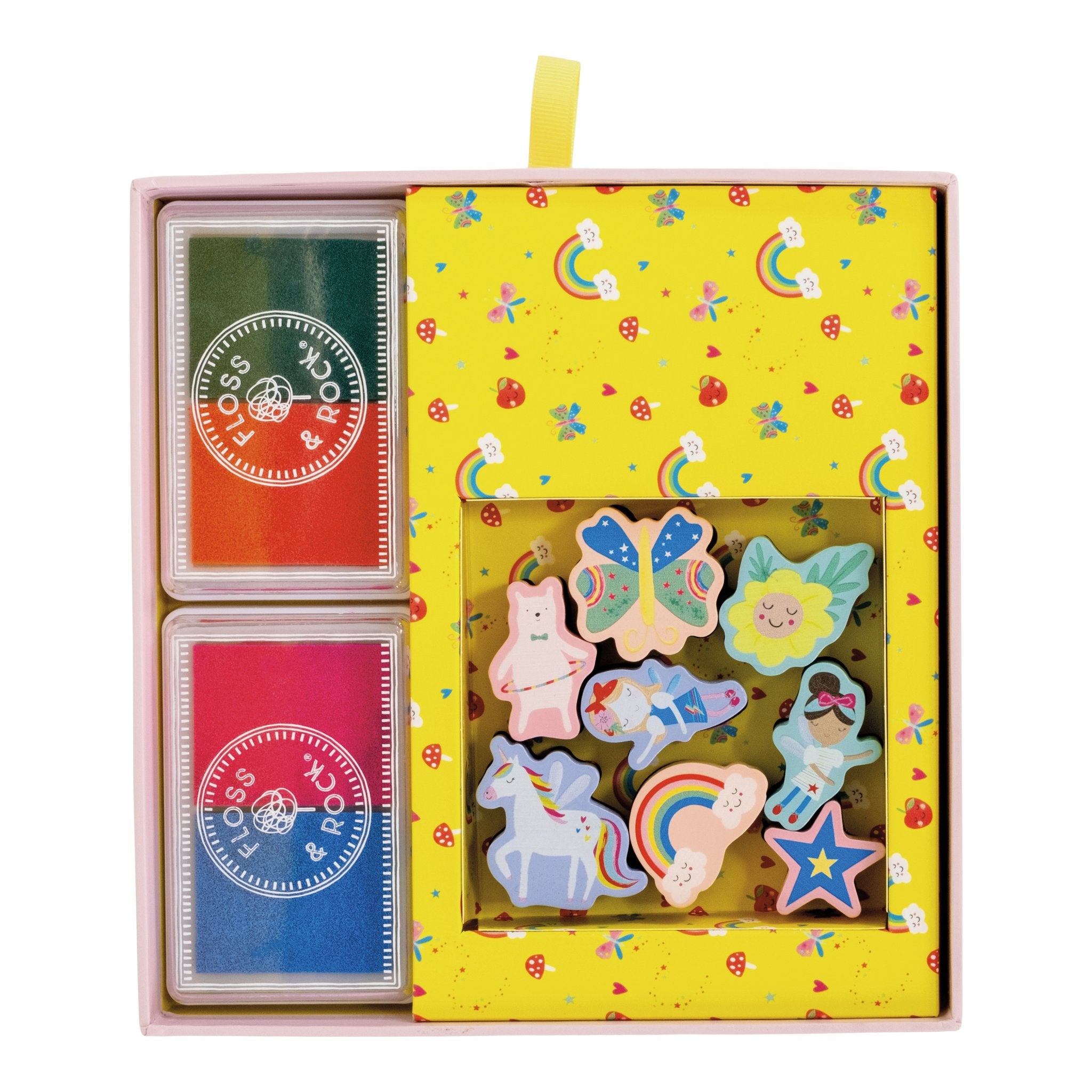 2. Inside view of Floss & Rock My Stamper Set with ink pads and stampers in yellow box with rainbow pattern