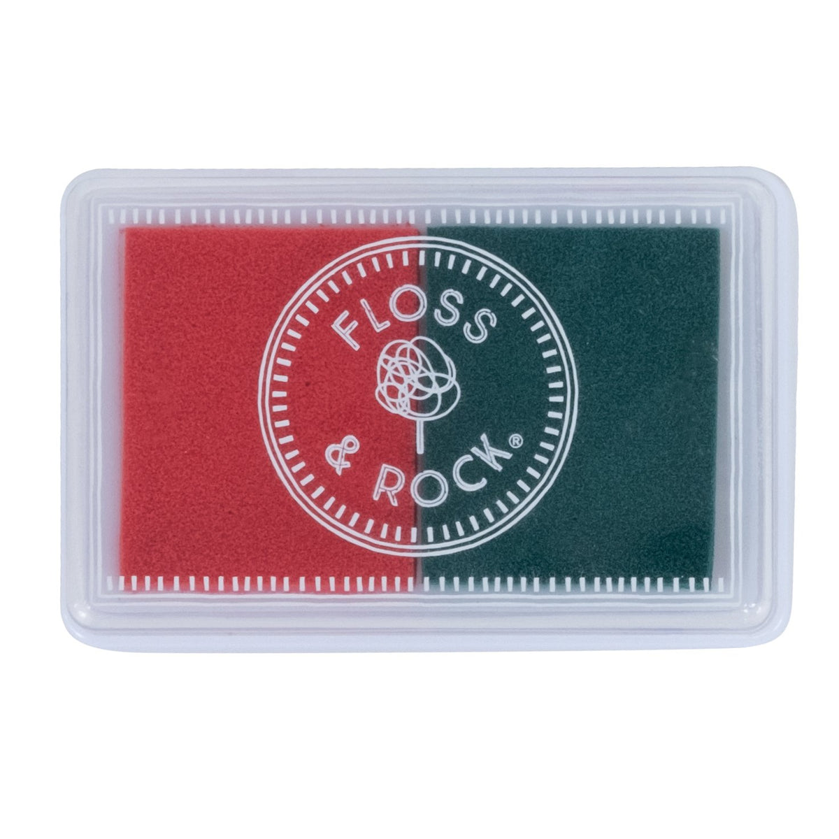 3. Close-up of Floss & Rock red and green ink pad with logo on transparent lid