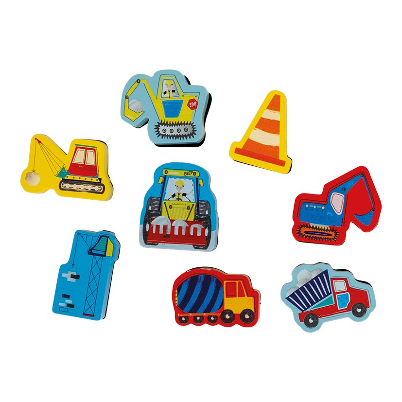 3. Close-up of colorful construction-themed wooden stamps including digger and truck