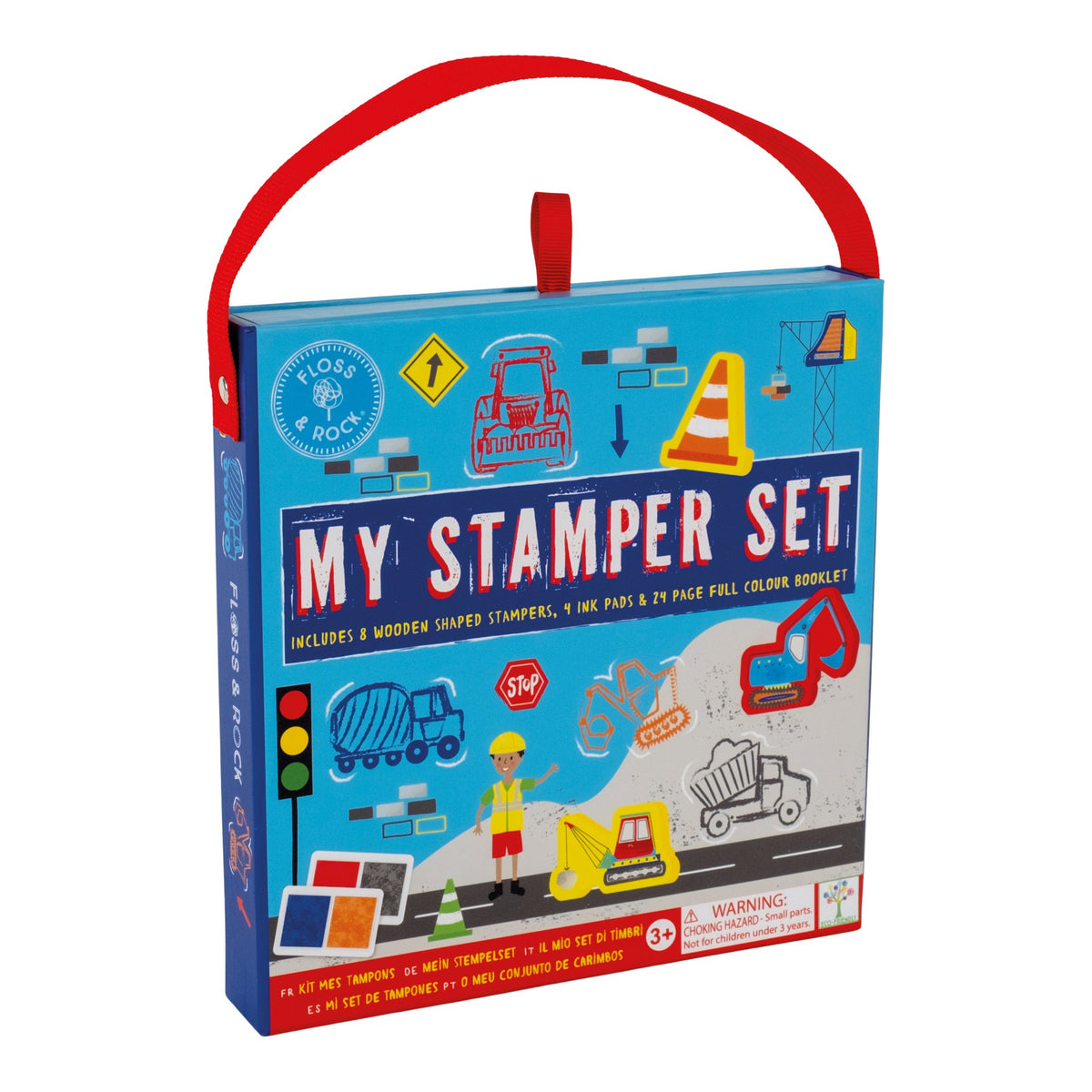 1. My Stampler Set box with construction site theme, featuring digger, truck, and crane illustrations, by Floss & Rock