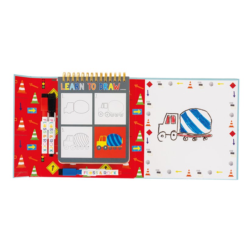 3. Open Floss & Rock drawing kit showing step-by-step guide and colorful markers on a red patterned background