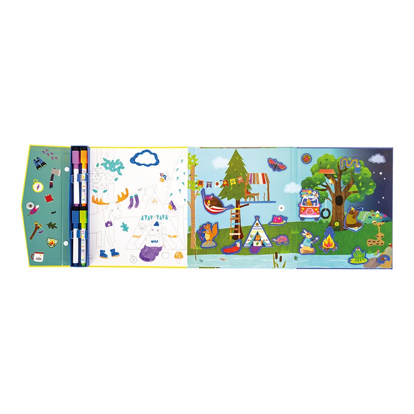 2. Opened Magnetic Multi Play Set showing puzzle, markers, and adventure-themed play scene