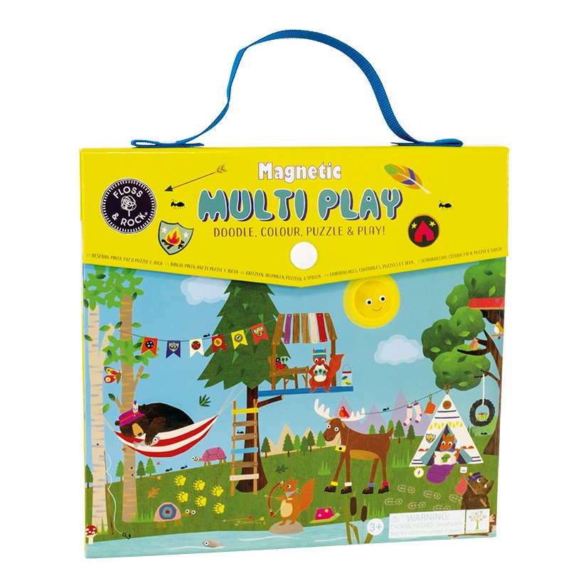 1. Floss & Rock Magnetic Multi Play Set with adventure theme packaging featuring animals and camping scene