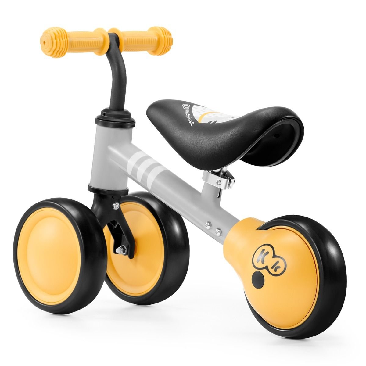 14. Studio shot of yellow Kinderkraft CUTIE balance bike with three wheels and kitten print