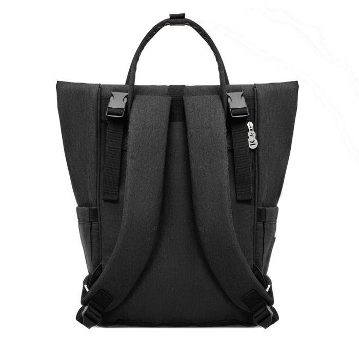 4. Back view of Kinderkraft Moonpack diaper backpack in black with adjustable shoulder straps