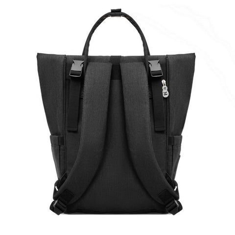 4. Back view of Kinderkraft Moonpack diaper backpack in black with adjustable shoulder straps