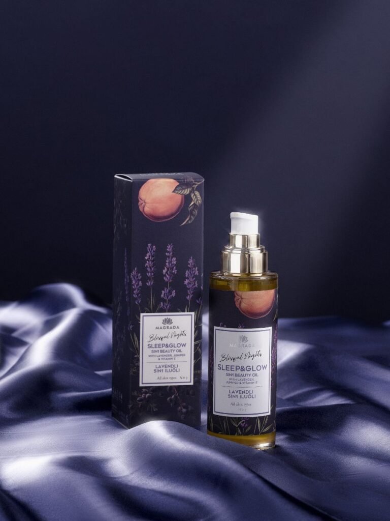 4. Magrada Organic Cosmetics Lavender Body Oil with packaging on silky fabric, highlighting luxury and elegance