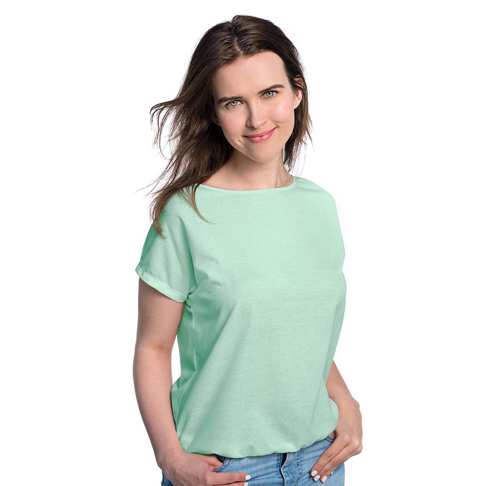 2. Women's tan-through t-shirt in mint green worn by model, showcasing comfortable cut and sun-kissed style