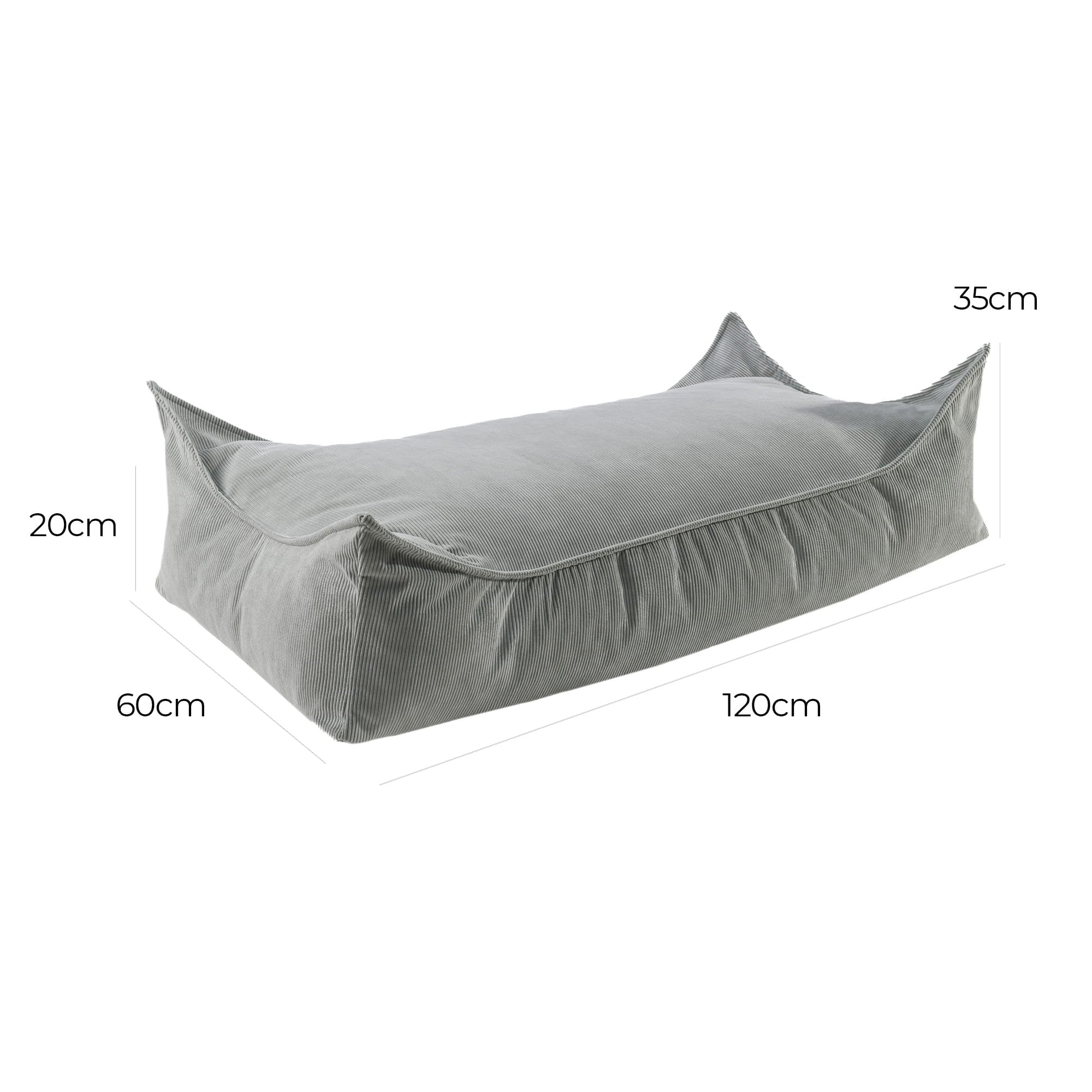 5. Size chart for MeowBaby children's grey corduroy pouf showing dimensions in centimeters