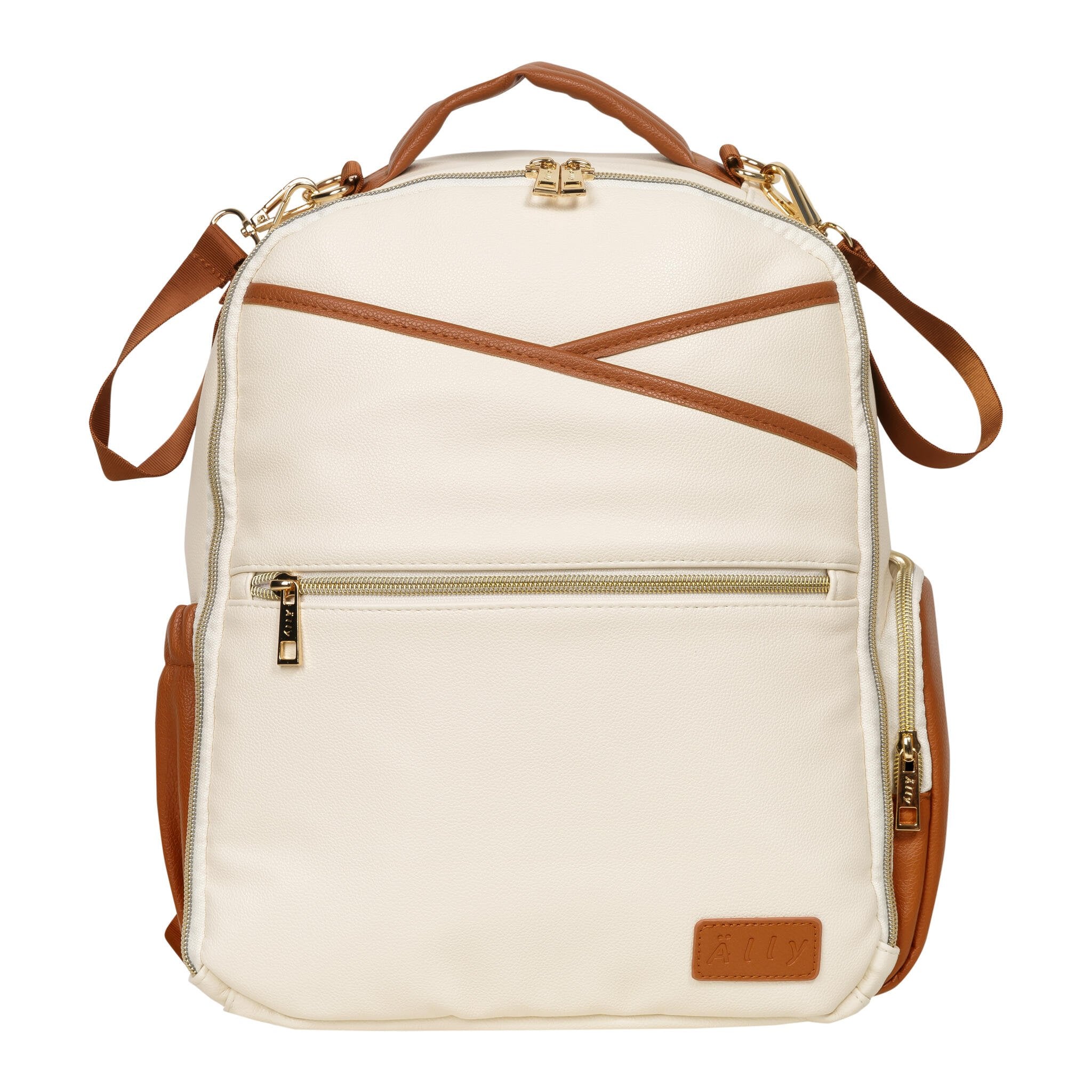 9. Studio shot of Ally Scandic small cappuccino diaper backpack showing front design
